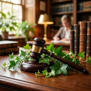 Gavel with green leaves